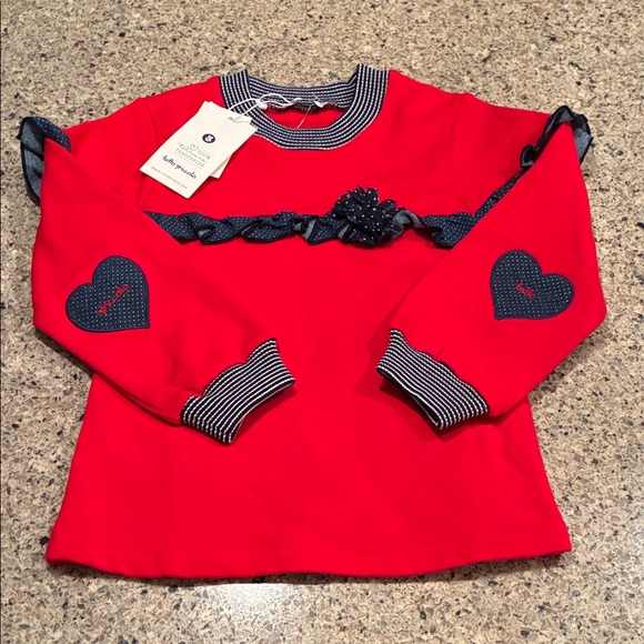 Tutto Piccolo size 5 Red Sweatshirt with Navy Heart and Ruffle Accents - Picture 1 of 16
